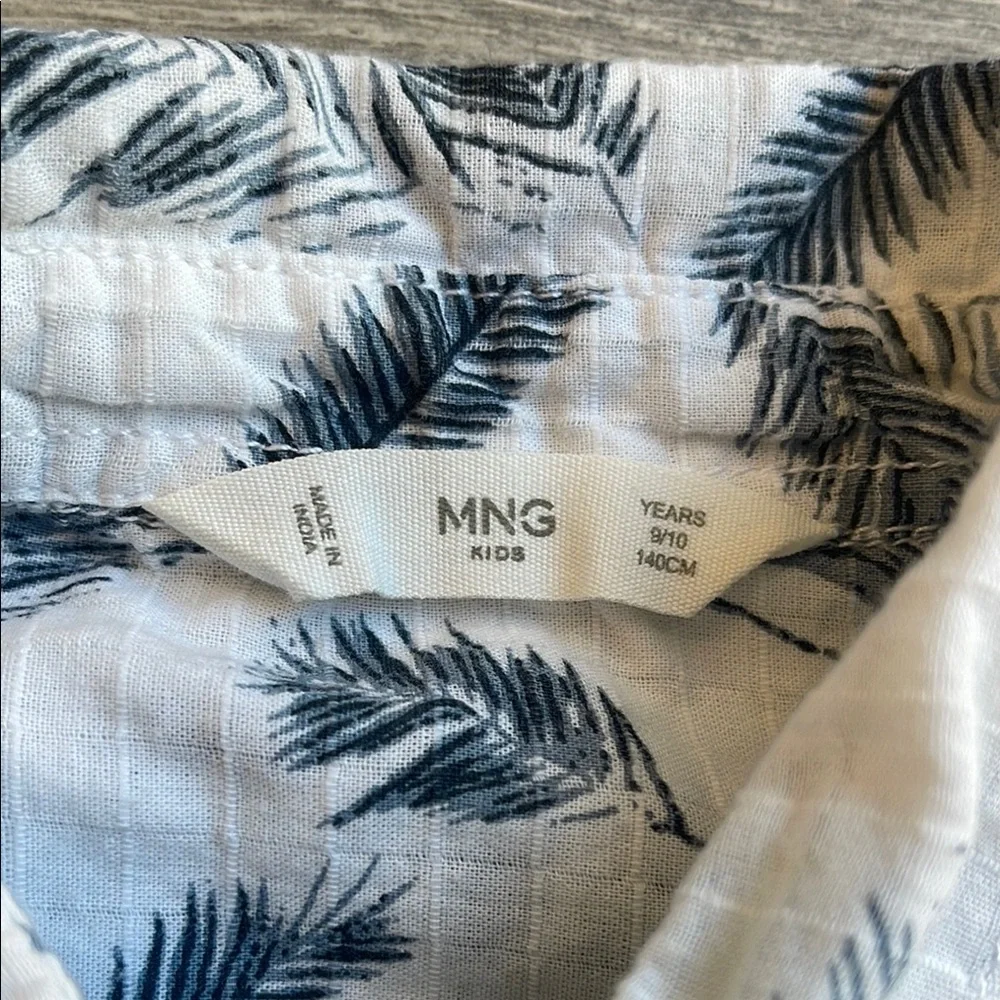 Mango Button Down Shirt with Tropical Print, blue/white